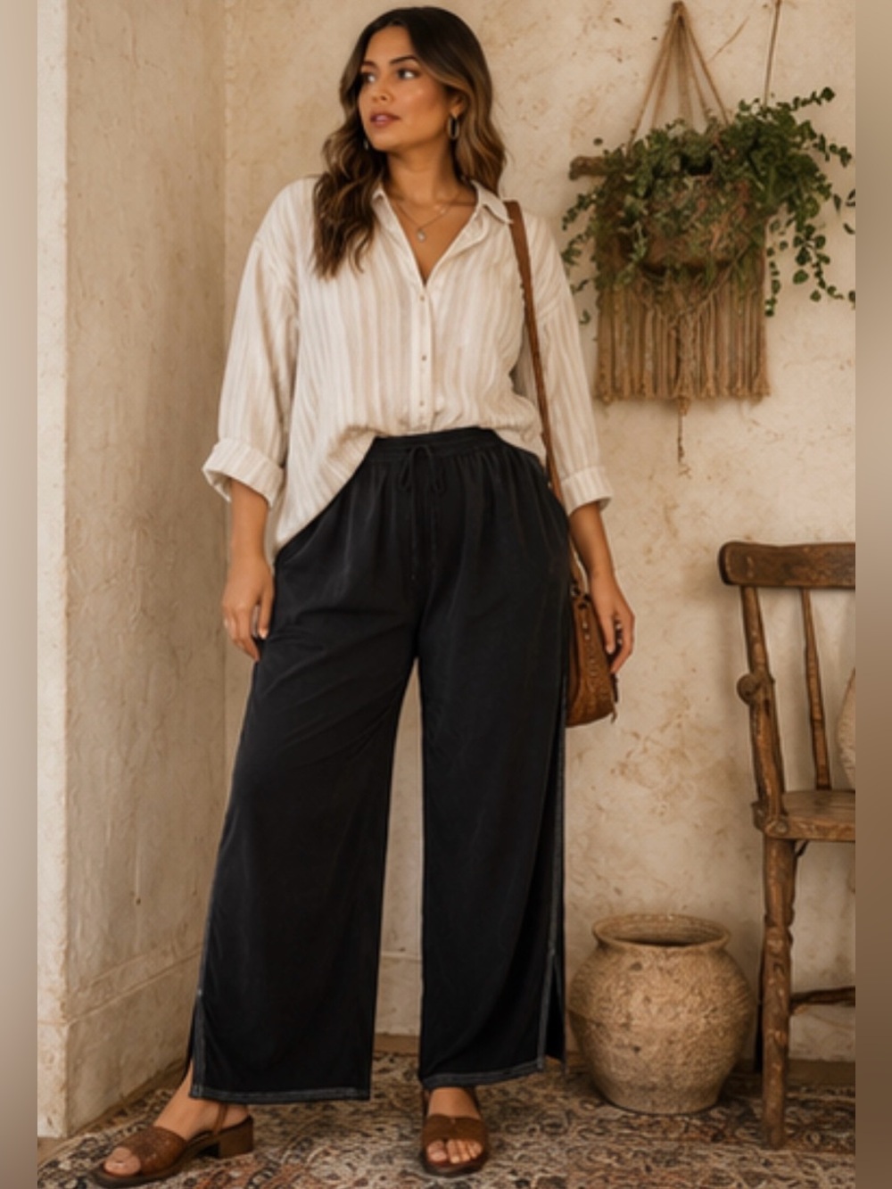 Wide Leg Pants | Elastic Waist | Contrast Stitching |  Size 1X